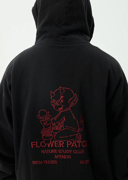 AFENDS Mens Flower Patch - Boxy Zip Hood - Stone Black