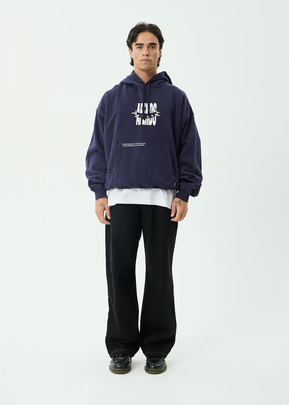 AFENDS Mens Bad Dog - Boxy Pull On Hood - Washed Deep Sea