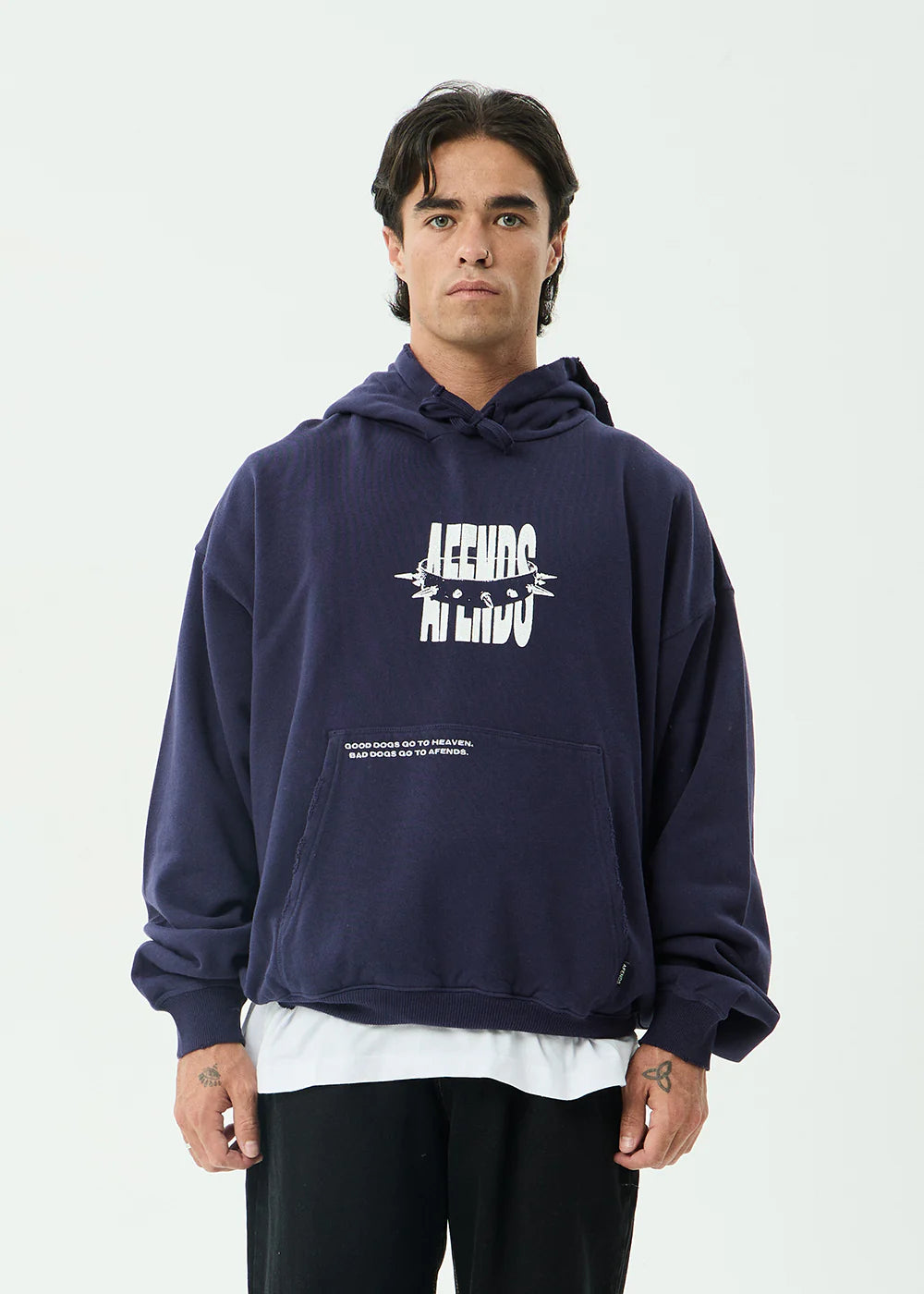 AFENDS Mens Bad Dog - Boxy Pull On Hood - Washed Deep Sea
