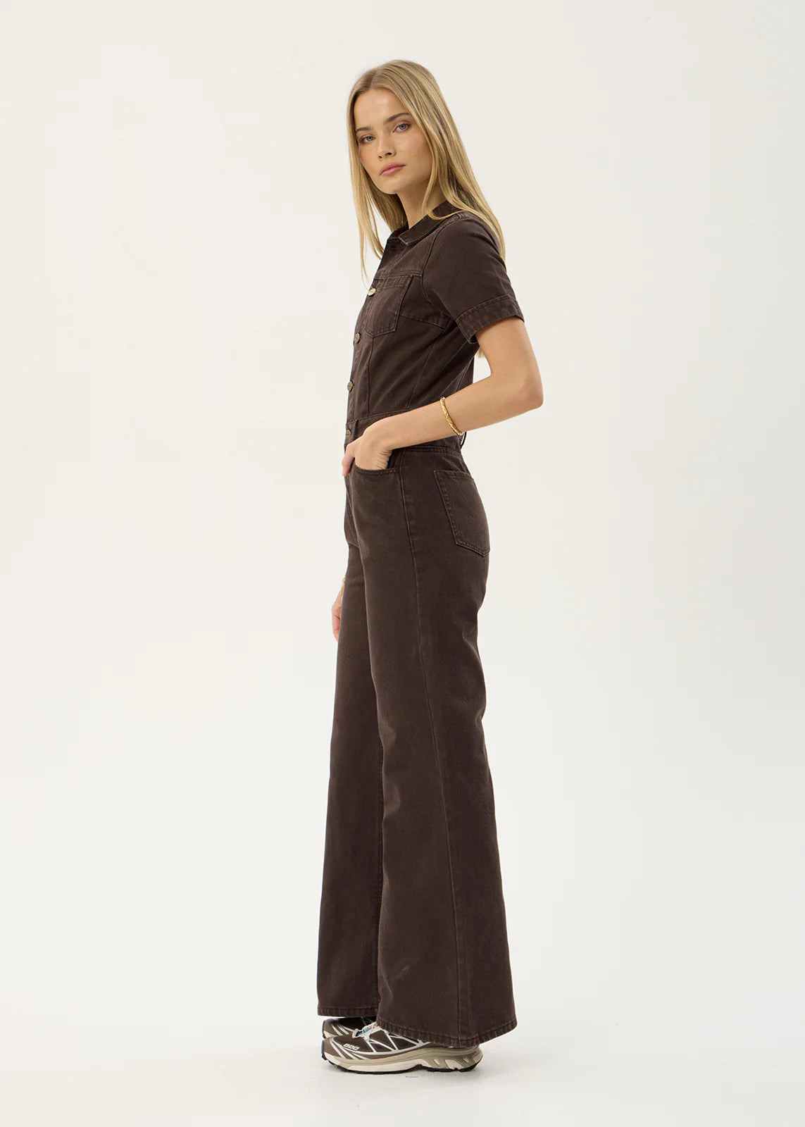 AFENDS Womens Miami - Denim Flared Leg Jumpsuit - Washed Coffee
