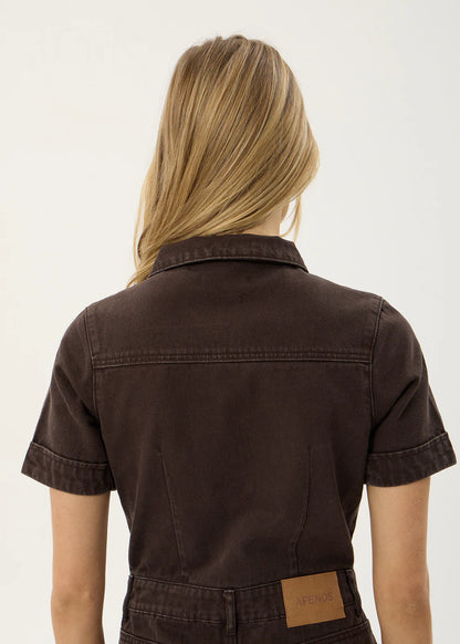 AFENDS Womens Miami - Denim Flared Leg Jumpsuit - Washed Coffee