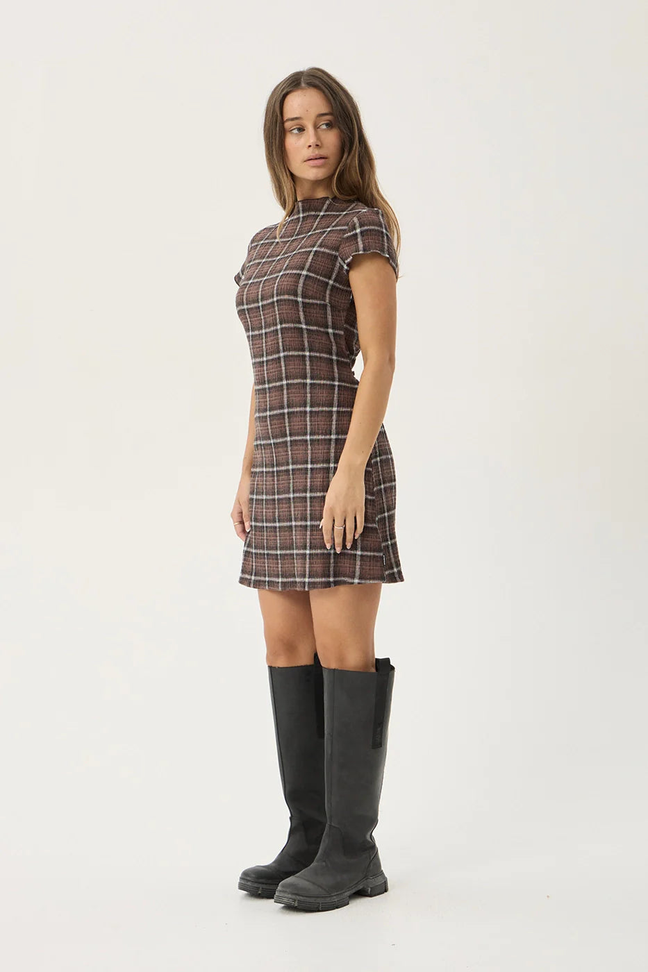 AFENDS Womens Elodie - Seersucker Mini Dress - Reverie Coffee Check