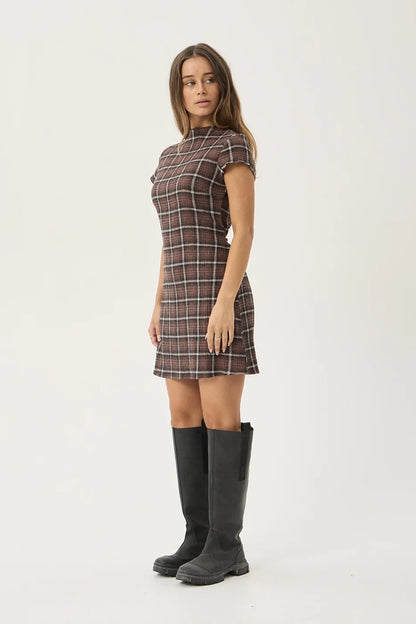 AFENDS Womens Elodie - Seersucker Mini Dress - Reverie Coffee Check