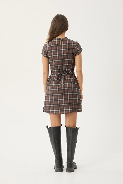 AFENDS Womens Elodie - Seersucker Mini Dress - Reverie Coffee Check