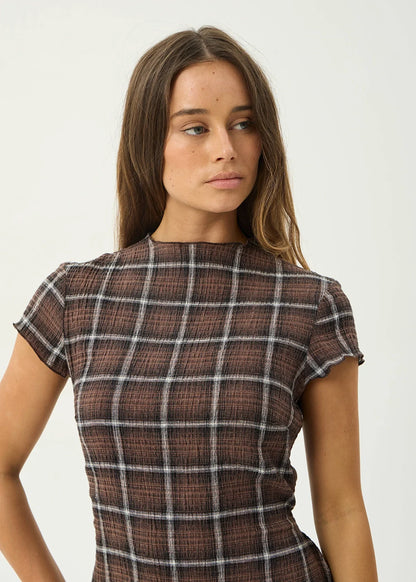 AFENDS Womens Elodie - Seersucker Mini Dress - Reverie Coffee Check