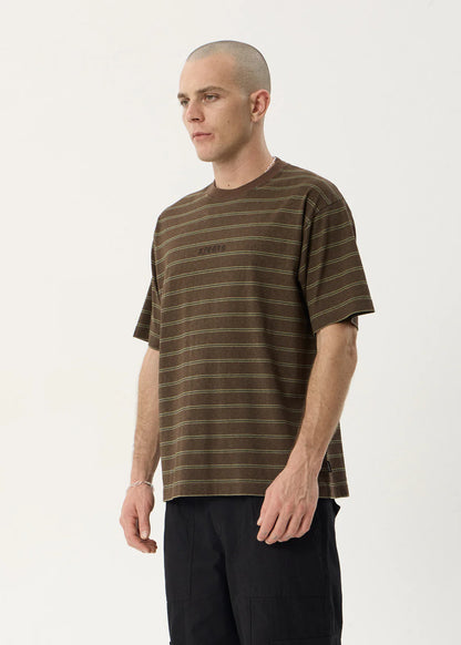 AFENDS Mens Eureka - Boxy Tee - Coffee Stripe