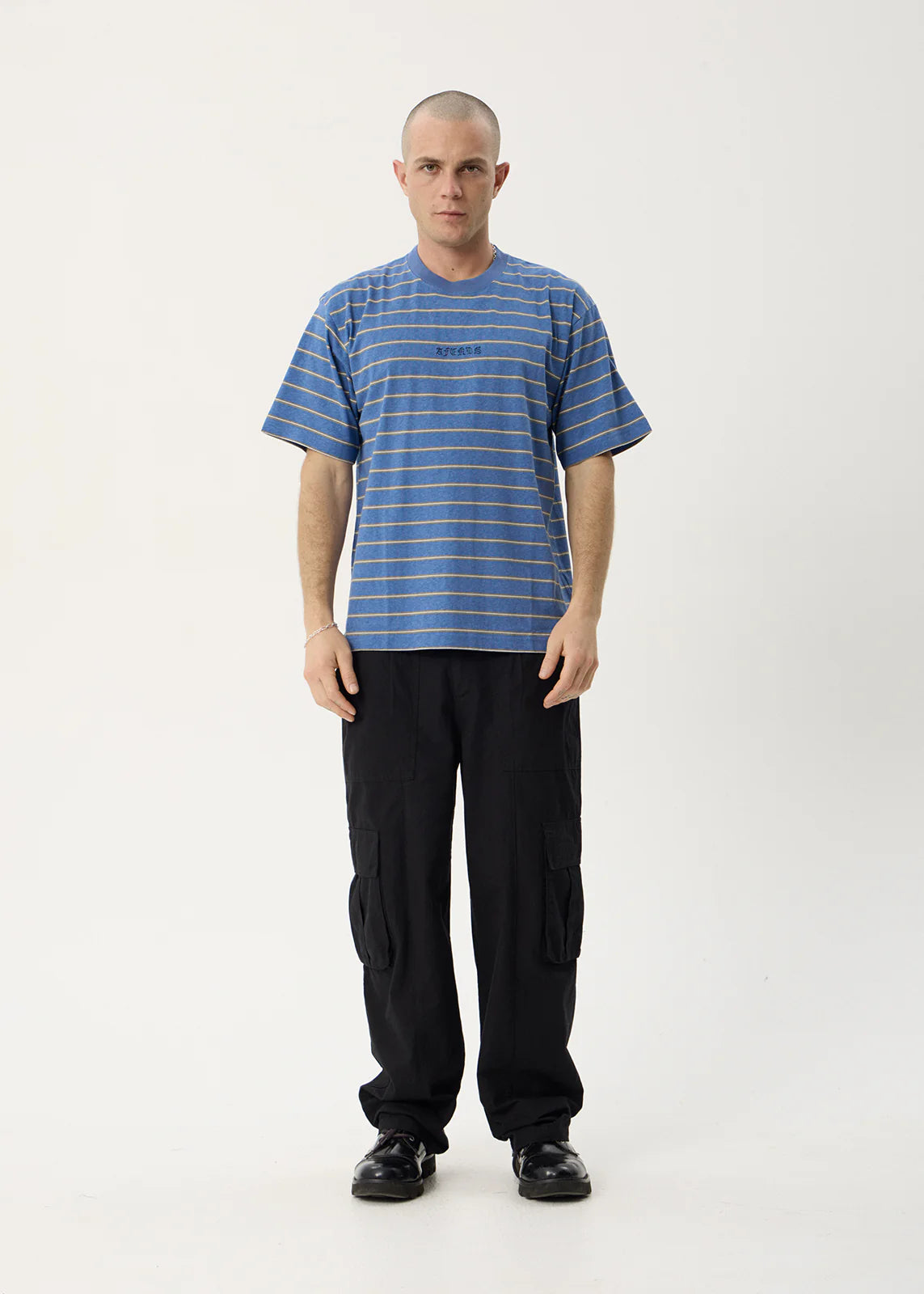 AFENDS Mens Eureka - Boxy Tee - Slate Blue Stripe