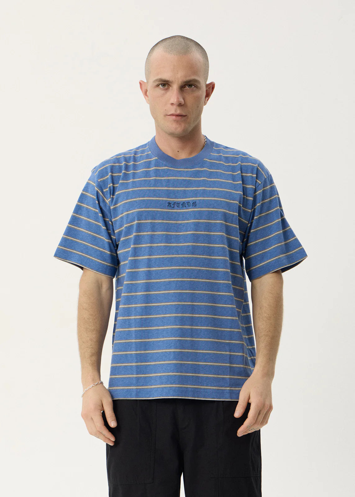 AFENDS Mens Eureka - Boxy Tee - Slate Blue Stripe