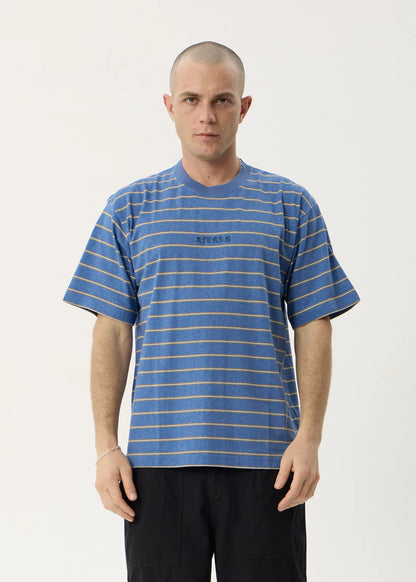 AFENDS Mens Eureka - Boxy Tee - Slate Blue Stripe