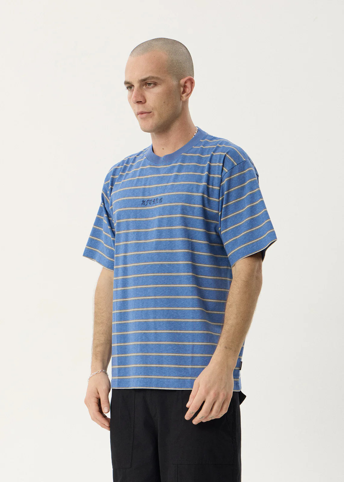 AFENDS Mens Eureka - Boxy Tee - Slate Blue Stripe