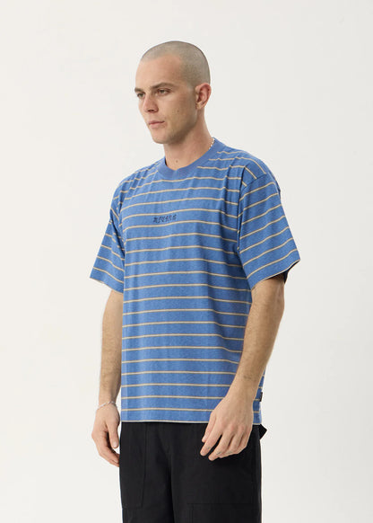 AFENDS Mens Eureka - Boxy Tee - Slate Blue Stripe