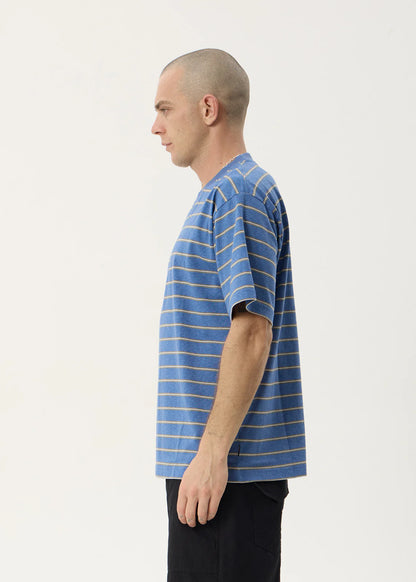 AFENDS Mens Eureka - Boxy Tee - Slate Blue Stripe