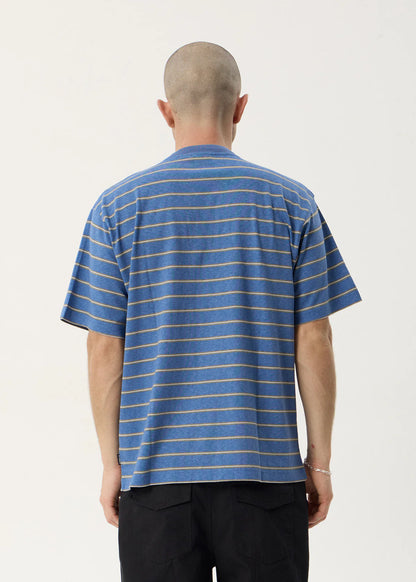 AFENDS Mens Eureka - Boxy Tee - Slate Blue Stripe