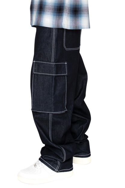 Baggy Fit Raw Denim Cargo Jeans
