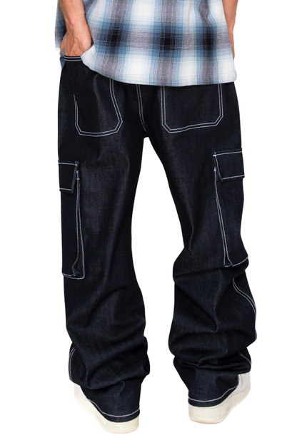 Baggy Fit Raw Denim Cargo Jeans