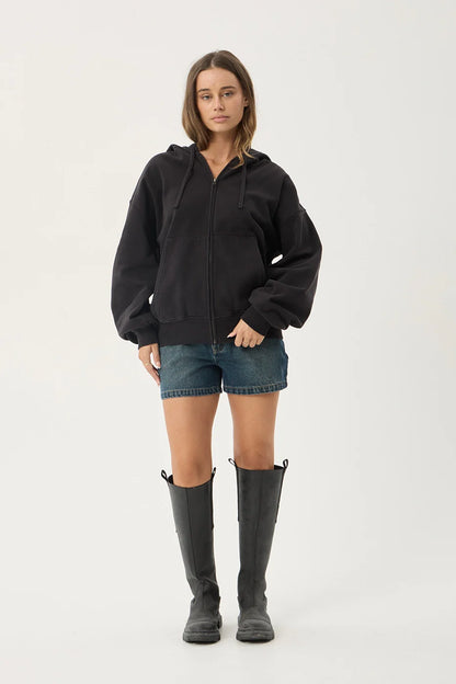 AFENDS Mens Genesis - Boxy Zip Hood - Stone Black