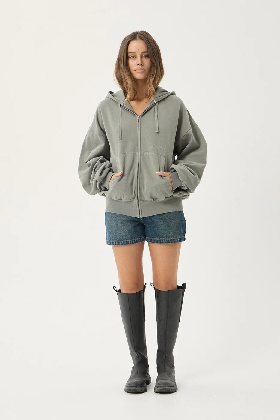 AFENDS Mens Genesis - Boxy Zip Hood - Washed Sycamore