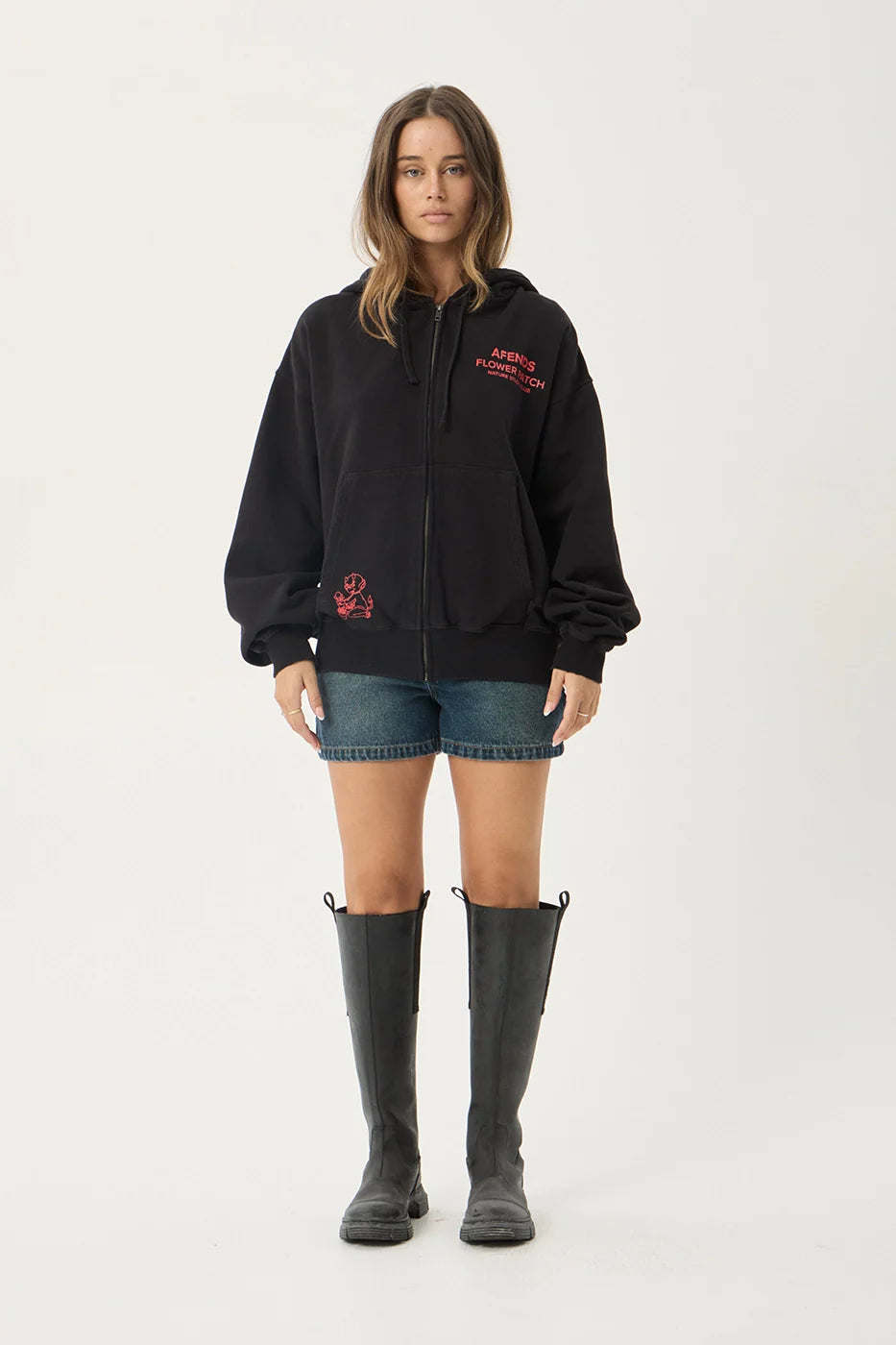 AFENDS Mens Flower Patch - Boxy Zip Hood - Stone Black