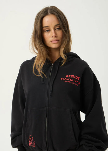 AFENDS Mens Flower Patch - Boxy Zip Hood - Stone Black