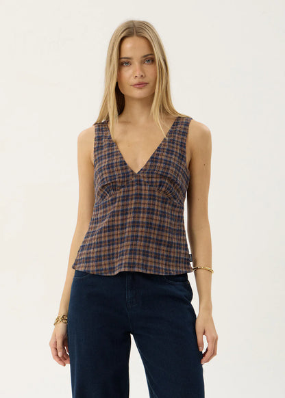 AFENDS Womens Giselle - Seersucker Top - Shev Indigo Check