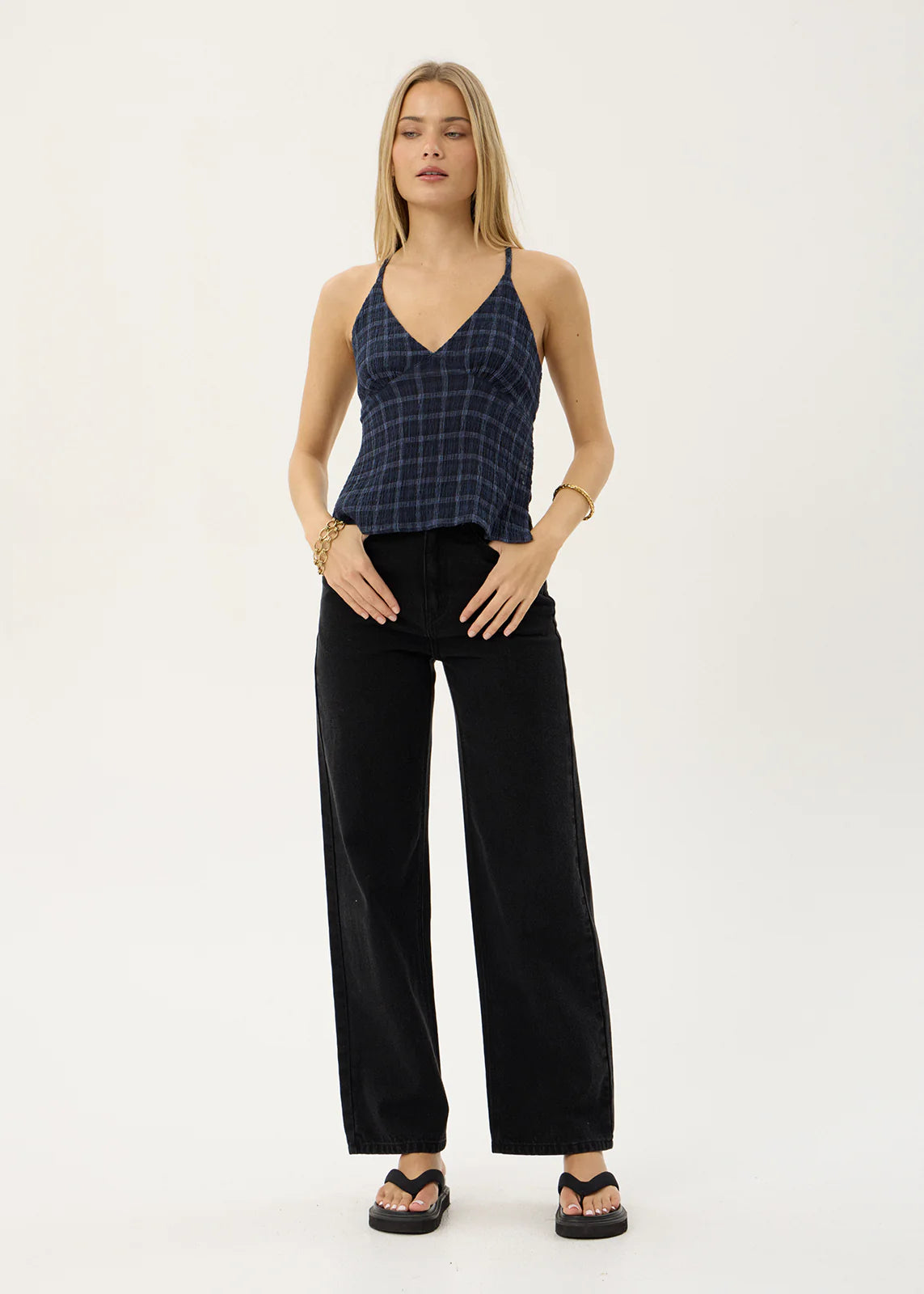 AFENDS Womens Etta - Strappy Seersucker Top - Thea Midnight Check
