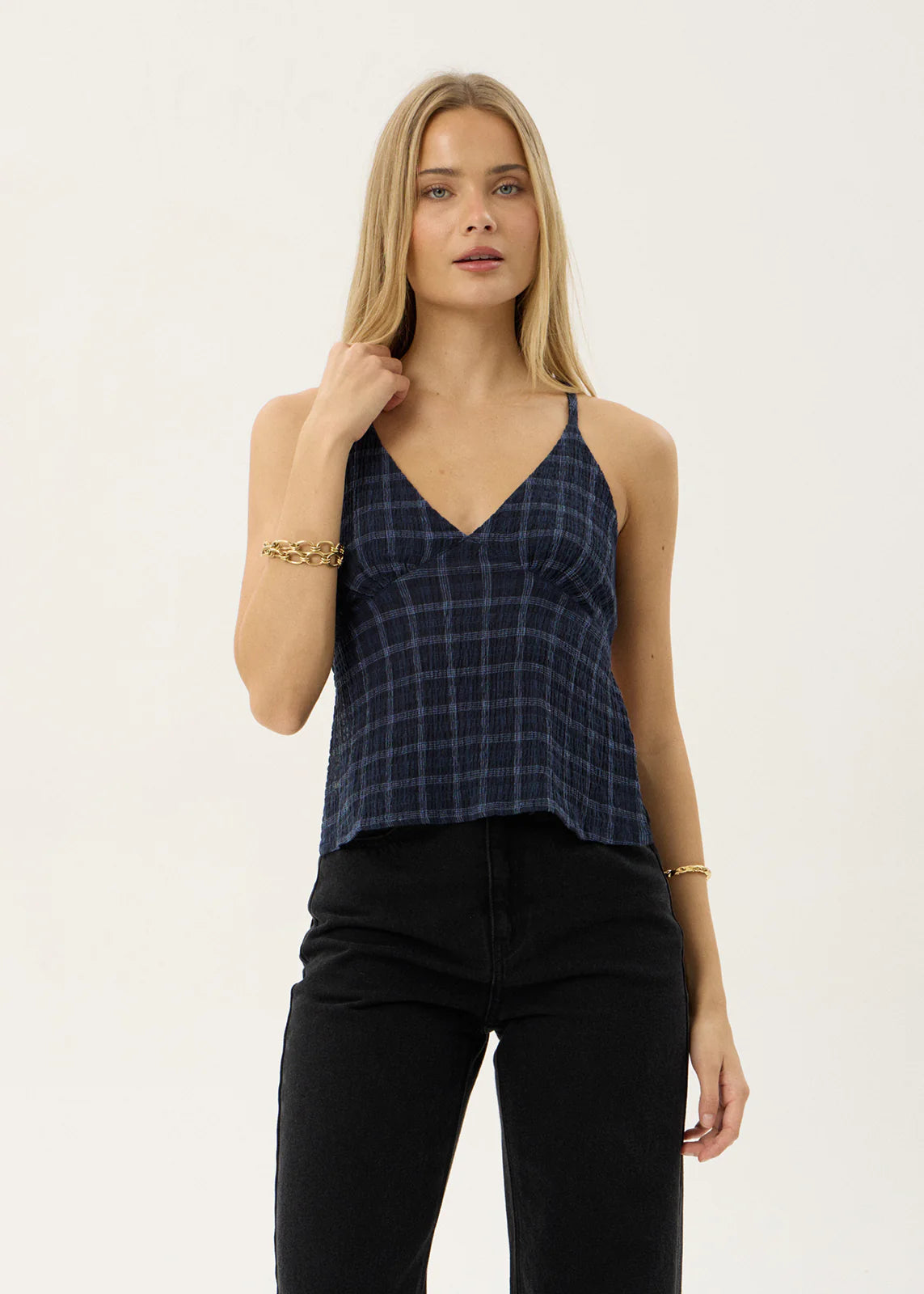 AFENDS Womens Etta - Strappy Seersucker Top - Thea Midnight Check