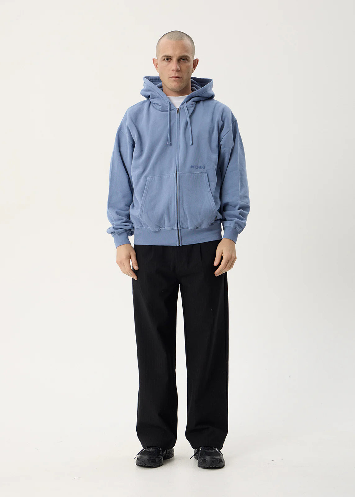 AFENDS Mens Genesis - Boxy Zip Hood - Washed Slate Blue