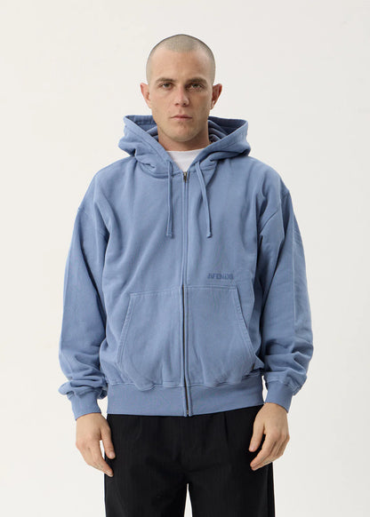 AFENDS Mens Genesis - Boxy Zip Hood - Washed Slate Blue
