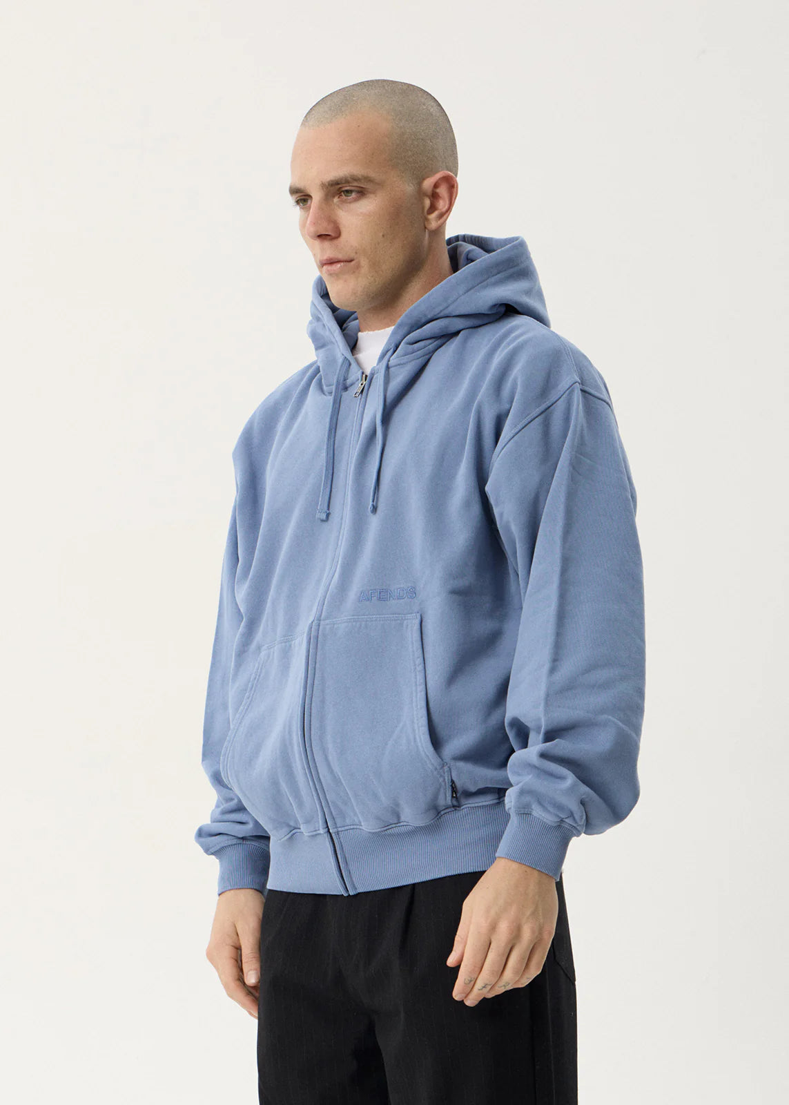 AFENDS Mens Genesis - Boxy Zip Hood - Washed Slate Blue