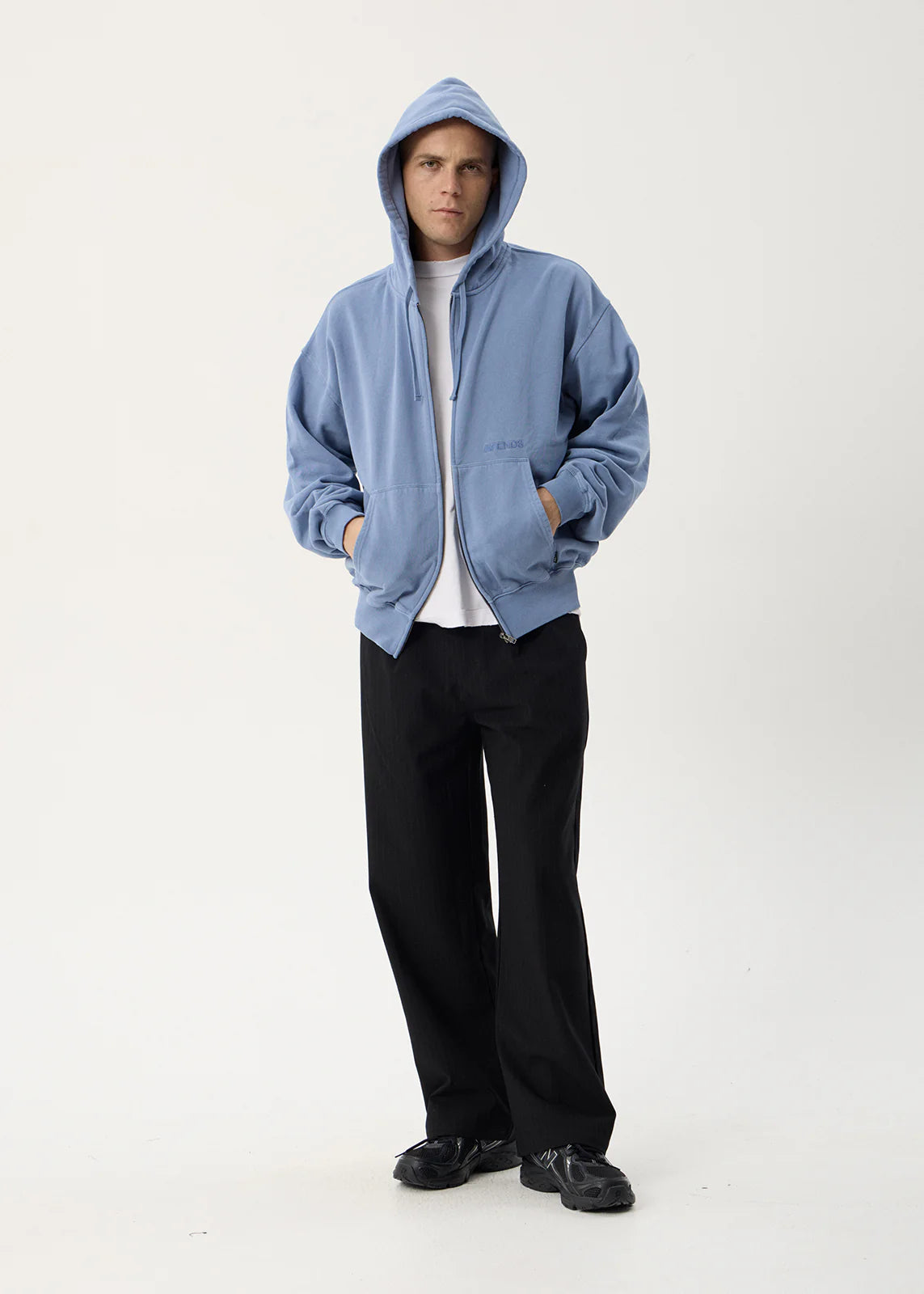 AFENDS Mens Genesis - Boxy Zip Hood - Washed Slate Blue