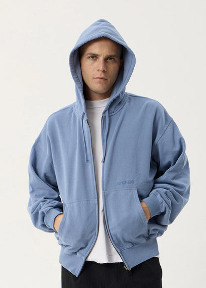 AFENDS Mens Genesis - Boxy Zip Hood - Washed Slate Blue