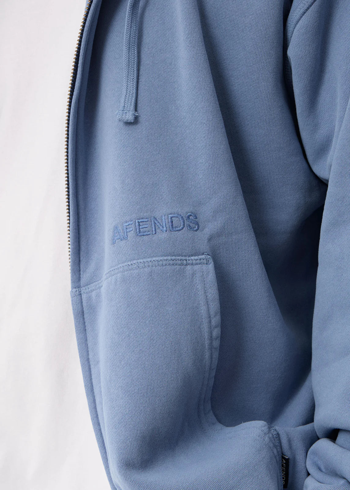 AFENDS Mens Genesis - Boxy Zip Hood - Washed Slate Blue