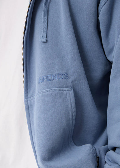 AFENDS Mens Genesis - Boxy Zip Hood - Washed Slate Blue