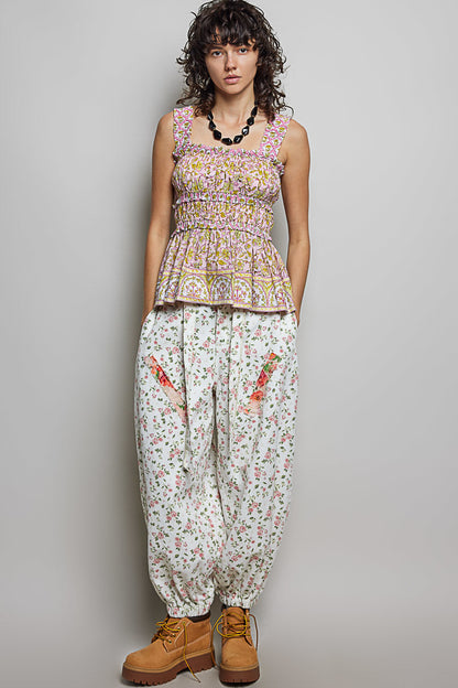POL Smocked Printed Peplum Tank