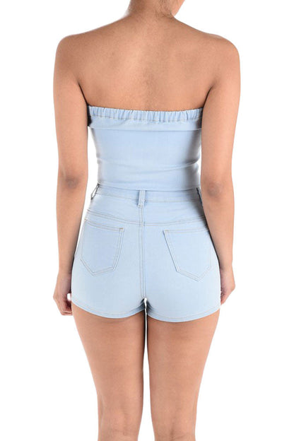 Women's Denim Strapless Zip Up Romper