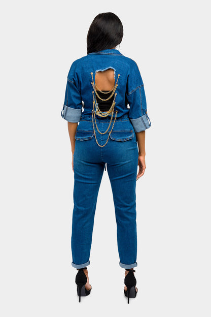 Loose Chain Back Denim Jumpsuit