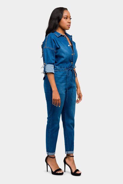 Loose Chain Back Denim Jumpsuit