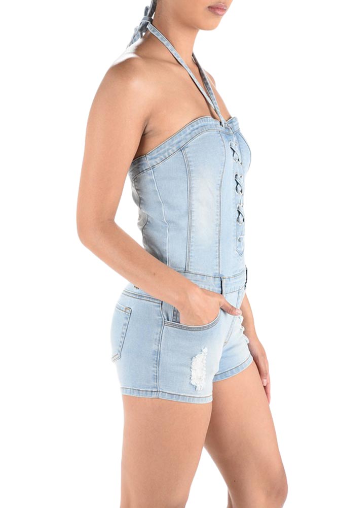 Women's Lace Up Denim Romper
