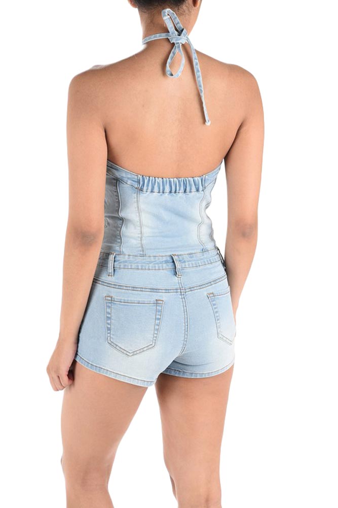 Women's Lace Up Denim Romper