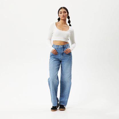 AFENDS Womens Milla - Rib Long Sleeve Cropped Top - Off White
