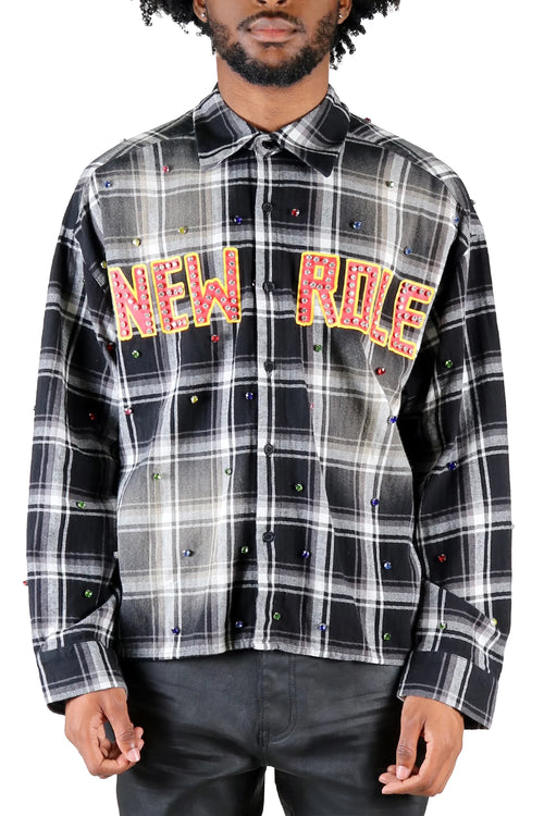 Long Sleeve Washed Flannel Crop Top Button Down Shirt With Rhinestone Embellishments