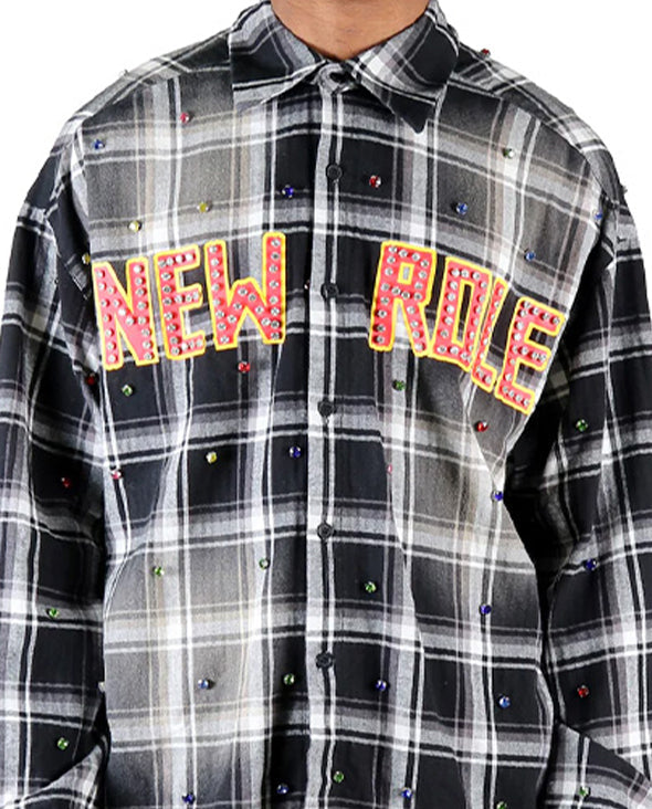 Long Sleeve Washed Flannel Crop Top Button Down Shirt With Rhinestone Embellishments