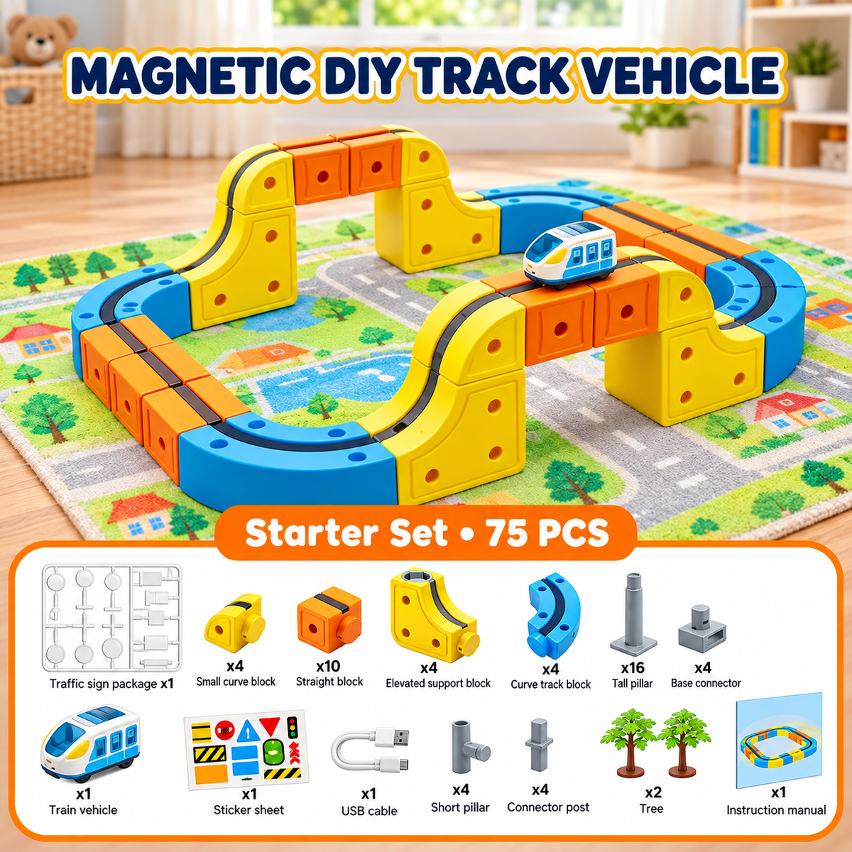 Magnetic DIY Train Track Set – Creative Building Toy with Endless Track Designs, Screen-Free Fun for Kids (75/100/164 PCS)