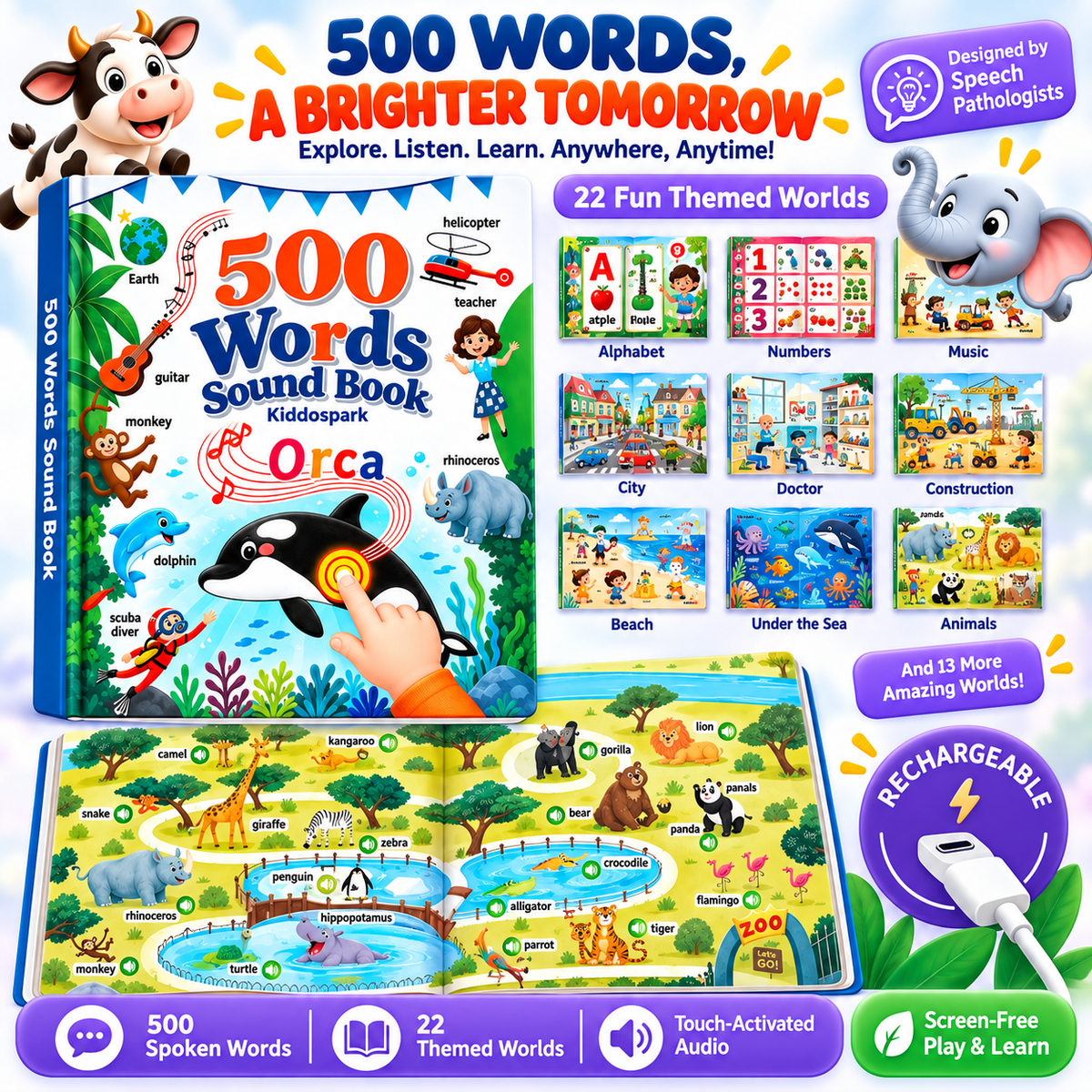 ✨ Interactive English Learning Sound Book – 500+ Words & Sentences, 24 Topics, Touch-Activated Audio for Kids