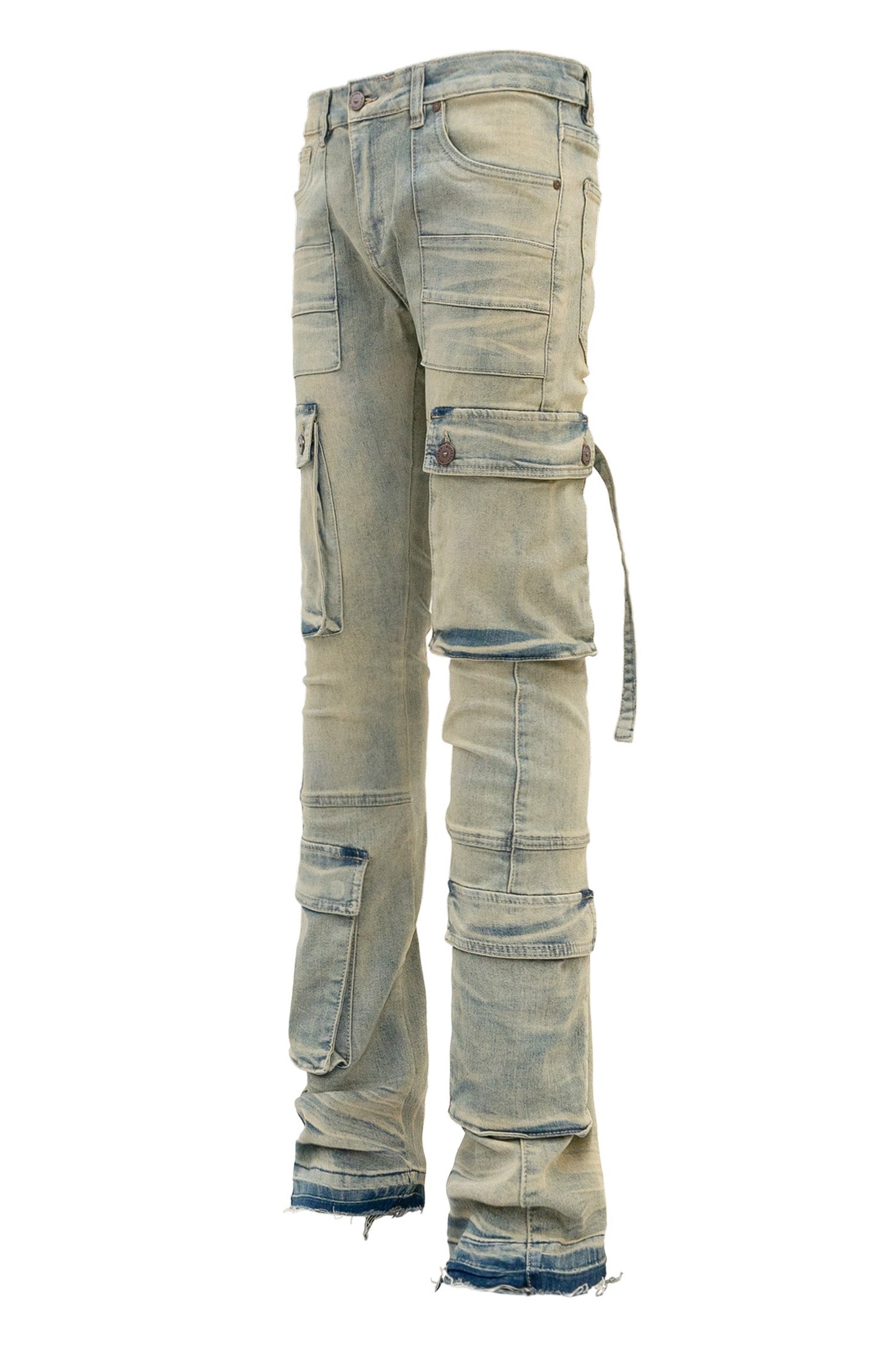 Men's 2-Tone Color Block Washed Stacked Flare Cargo Pants