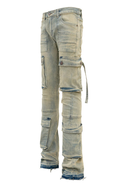 Men's 2-Tone Color Block Washed Stacked Flare Cargo Pants