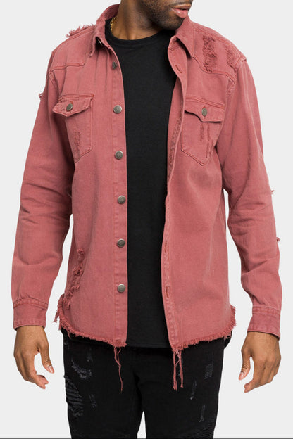 Distressed Denim Button Up Shirt Jacket