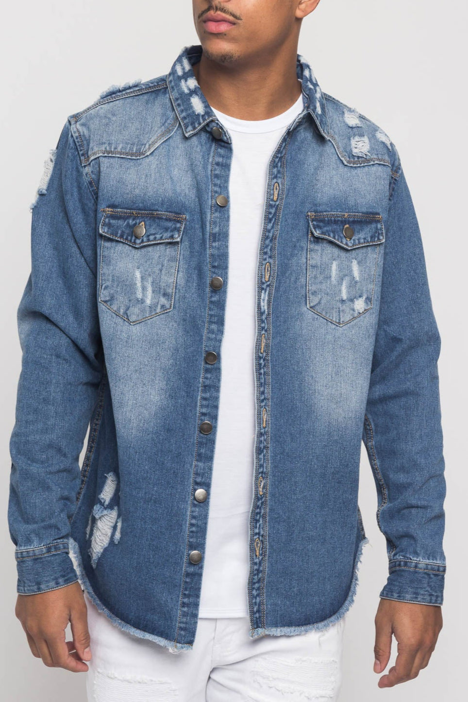 Distressed Denim Button Up Shirt Jacket