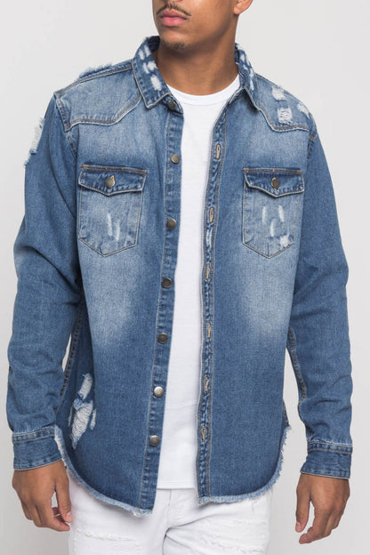 Distressed Denim Button Up Shirt Jacket