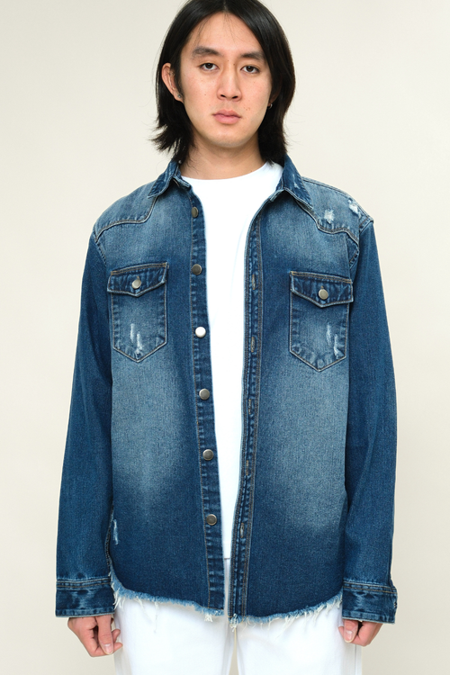 Distressed Denim Button Up Shirt Jacket